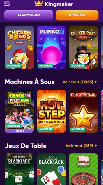 Lobby mobile Kingmaker avec machines à sous et jeux